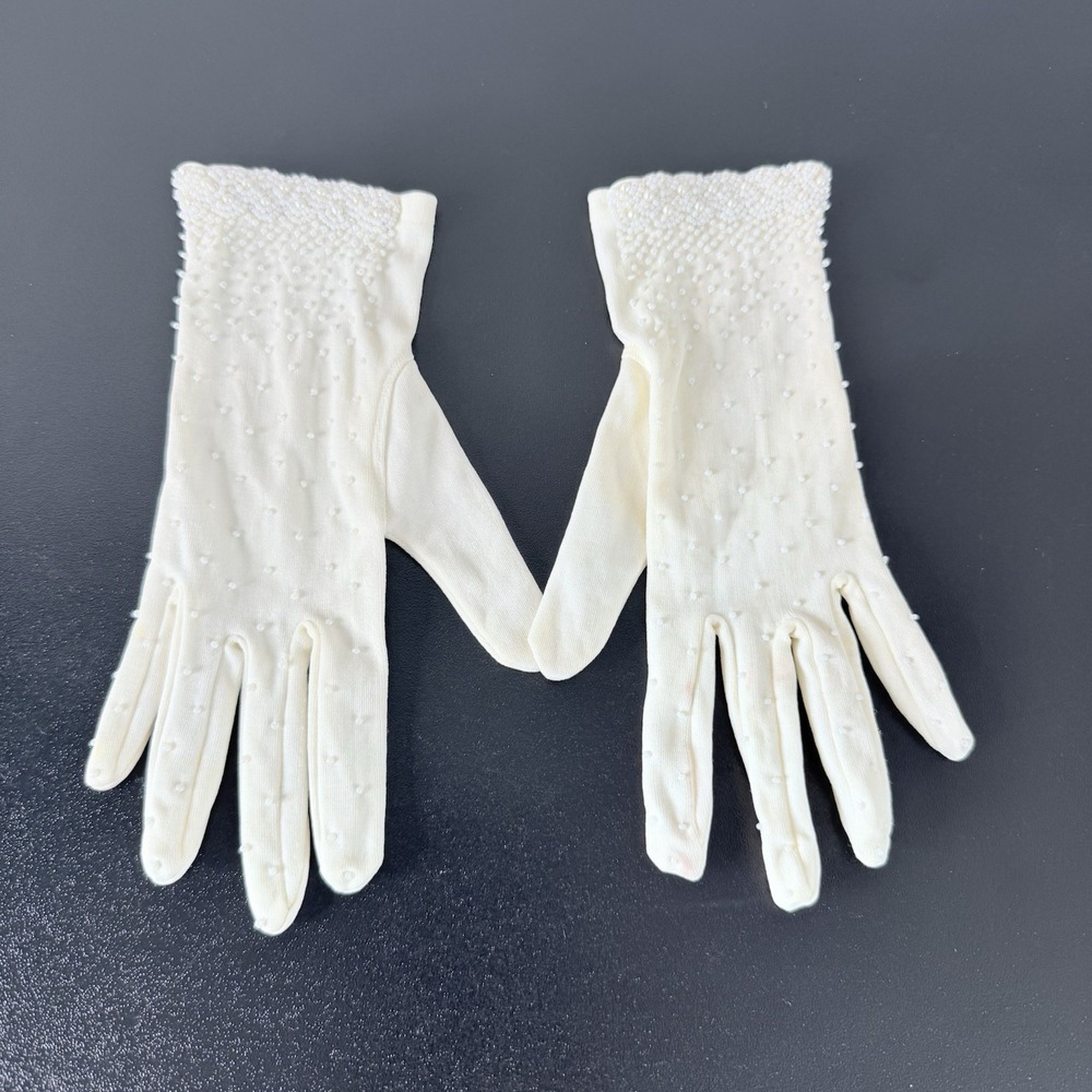 Vintage Ivory Beaded Faux Pearl Stretch Gloves Bridal Wedding Formal One Size